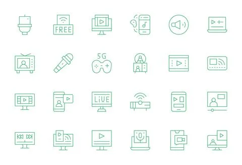 24 High Resolution Vector Icons for Streaming with Pixel Optimized Thin Lin.. Illustrazione stock