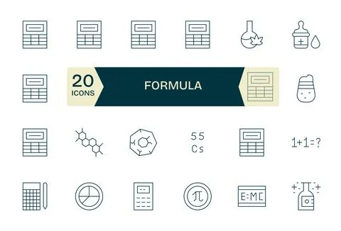24 High Resolution Vector Icons for Formula with Pixel Optimized Thin Line .. Stock Illustration