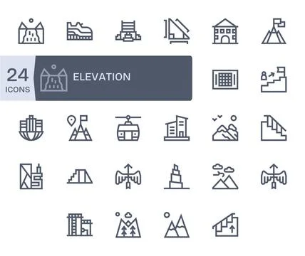 24 High Resolution Vector Icons for Elevation in Pixel Optimized Bold Line .. Stock Illustration