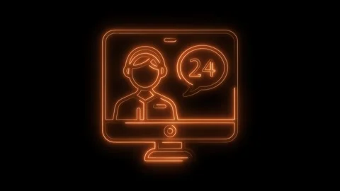 24 hour customer service support neon icon on computer screen animation Stock Footage 309293658