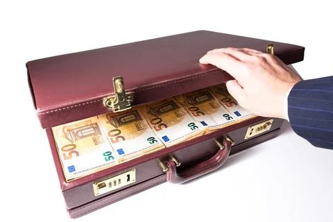 24-hour half-open briefcase full of euro banknotes Stock Photos
