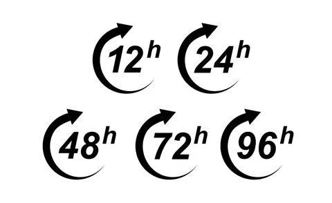 24 Hour icon 12, 48 and 72 hours clock arrow. Fast service Work time effect or Stock Illustration