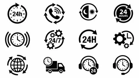 24 hour service and availability clock icons with availability, business Stock Illustration