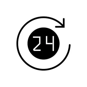 24 hours with arrow roun icon, vector illustration, black sign on isolated Stock Illustration