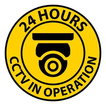 24 Hours CCTV In Operation Security Camera Safety Sign Yellow Background Stock Illustration