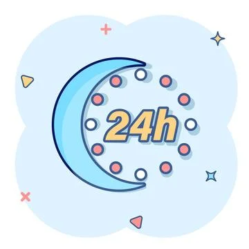 24 hours clock icon in comic style. Timer countdown cartoon vector illustra.. Illustrazione stock