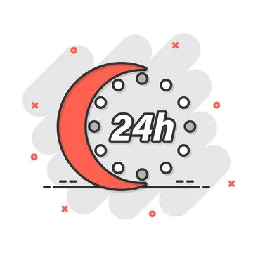 24 hours clock icon in comic style. Timer countdown cartoon vector illustra.. Illustrazione stock