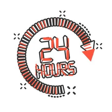 24 hours clock sign icon in comic style. Twenty four hour open vector cartoon Stock Illustration