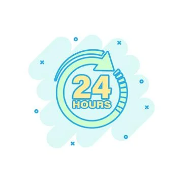 24 hours clock sign icon in comic style. Twenty four hour open vector cartoon Ilustración de archivo