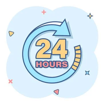 24 hours clock sign icon in comic style. Twenty four hour open vector cartoon Ilustración de archivo