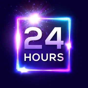 24 hours clock in square glowing electric frame. Stock Illustration