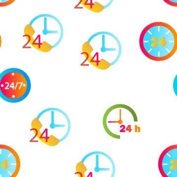 24 Hours, Clock, Time Seamless Pattern Stock Illustration