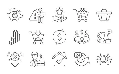 24 hours, Discount and Dollar exchange icons set. Shop cart, Meeting and Cross Stock Illustration