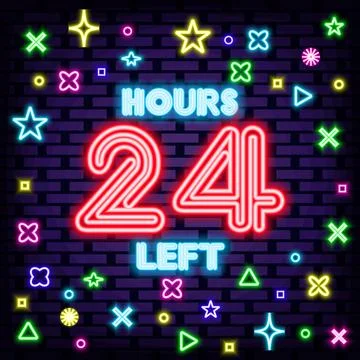 24 hours left Neon quote. Bright signboard. Neon text. Illustrazione stock