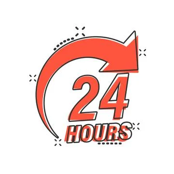 24 hours service icon in comic style. All day business and service cartoon ve Stock Illustration