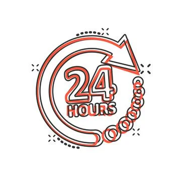 24 hours service icon in comic style. All day business and service cartoon ve Stock Illustration
