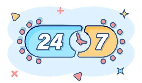 24 hours service icon in comic style. All day business and service cartoon .. Illustrazione stock