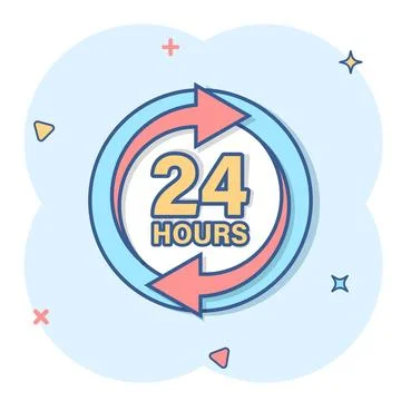 24 hours service icon in comic style. All day business and service cartoon .. Illustrazione stock