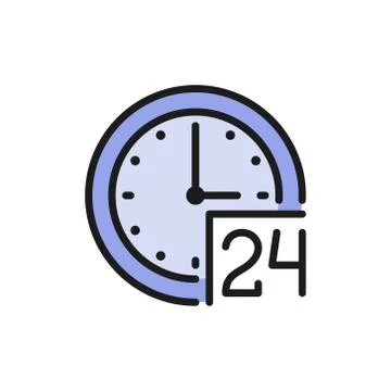 24 hours service, support time flat color icon. 스톡 일러스트