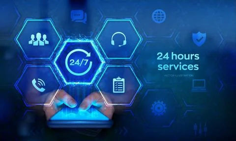 24 hours services. 24-7 support. Customer help. Tech support application in.. Stock Illustration