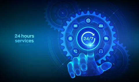 24 hours services. Customer service concept. 24-7 support. Technical suppor.. Stock Illustration