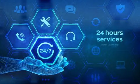 24 hours services icon in wireframe hand. 24-7 support. Technical support. Cu Stock Illustration