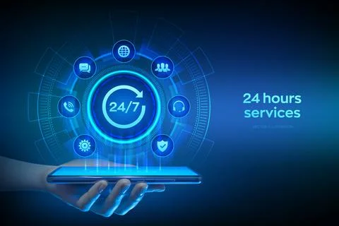 24 hours servises. 24-7 support. Technical support. Customer help. Tech sup.. 스톡 일러스트