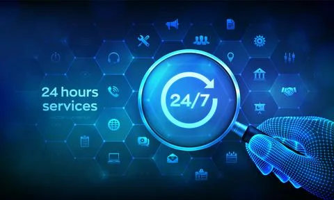 24 hours servises. 24-7 support. Technical support. Customer help. Tech sup.. Illustrazione stock