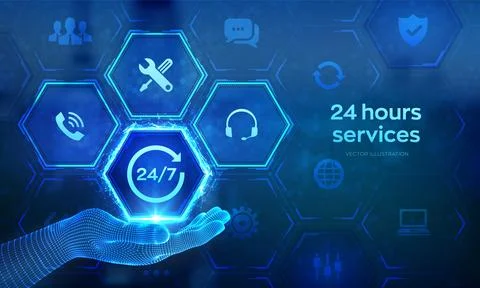 24 hours servises icon in wireframe hand. 24-7 support. Technical support. Cu イラスト素材