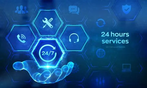 24 hours servises icon in wireframe hand. Technical support. Customer help... Stockillustratie