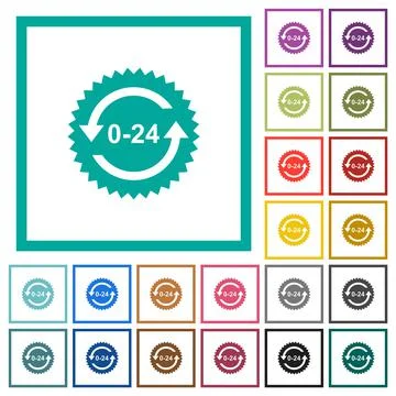 24 hours sticker with arrows flat color icons with quadrant frames Stock Illustration