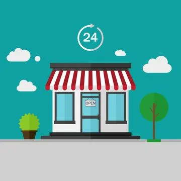24 Hours Store. Open 24 7 Shop Building Flat Illustration, Convenience Store Stock Illustration