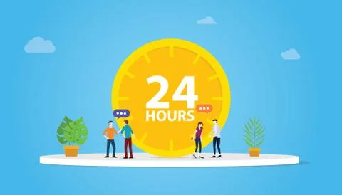 24 hours support service concept with clock and people team - vector illustra Stock Illustration