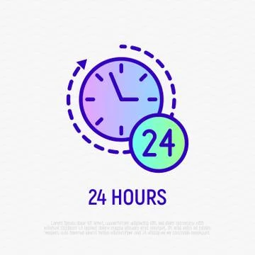 24 hours thin line icon. Arrow around clock. Service or support anytime. Stock Illustration