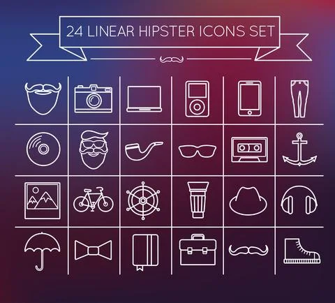 24 Linear Hipster icon set on gradient background Illustrazione stock