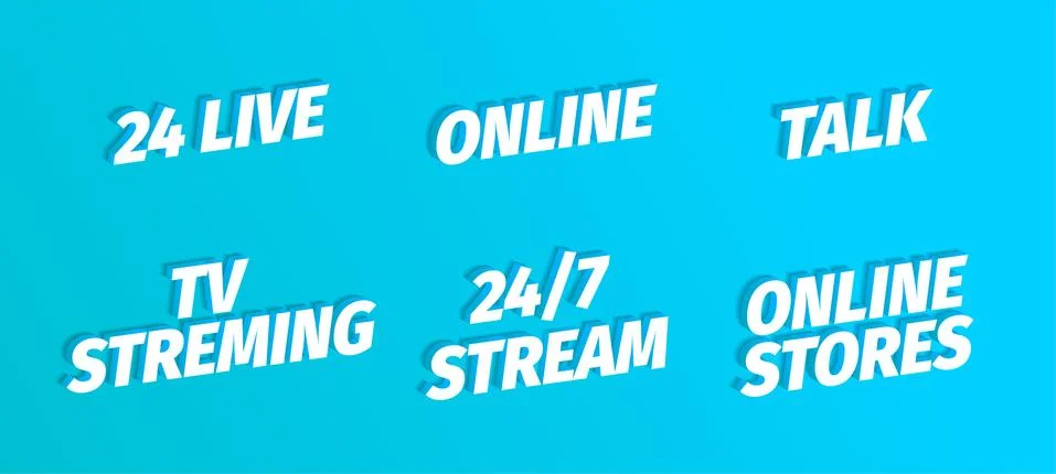 24 Live online streming talk stories. White single title word set on blue Stock Illustration