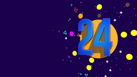 24 number on an orange circle spewing stars, circles, triangles against dark pur Stock Footage 241838773