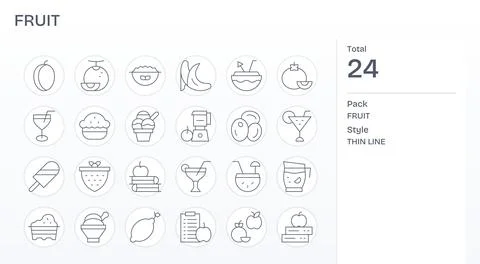24 Pixel Aligned Thin Line Vector Icons designed for Fruit Interface Stock Illustration
