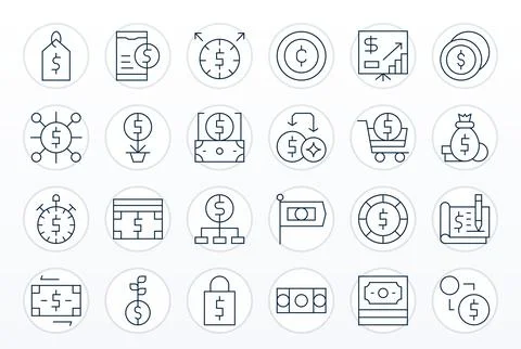 24 Pixel Aligned Vector Icons themed around Dollar in 256x256 Thin Line forma Illustrazione stock
