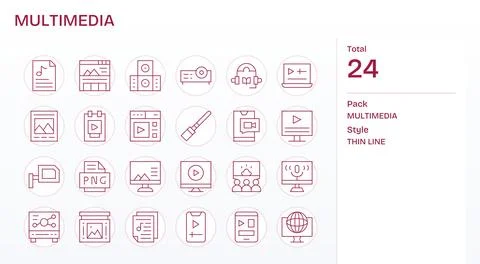 24 PIXEL Perfect High Resolution Vector Icons for Multimedia in elegant Thi.. Stock Illustration