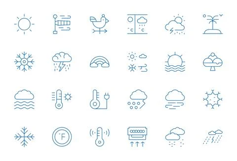 24 PIXEL Perfect Thin Line Vector Icons designed for Climate Interface Ilustração Stock
