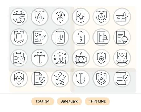 24 Retina Ready Thin Line Vector Icons optimized for Safeguard Grid Fitted .. Ilustración de archivo