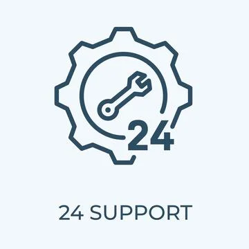 24 support sign with gear editable stroke thin vector line icon. Stock Illustration
