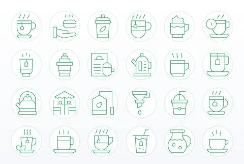 24 Tea PIXEL Perfect Vector Icons in 128x128 Thin Line Aesthetic Stock Illustration