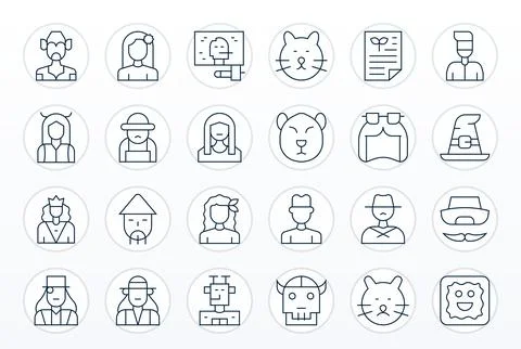 24 Thin Line Detail Enhanced Vector Icons for Character Graphics Illustrazione stock