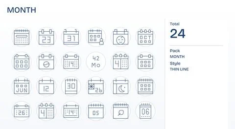 24 Thin Line Display Perfect 256x256 Vector Icons from Month Suite Stock Illustration