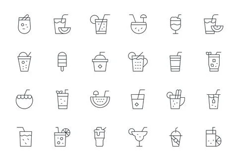 24 Thin Line Editable Vector Icons for Summer Drink Graphics Stock Illustration