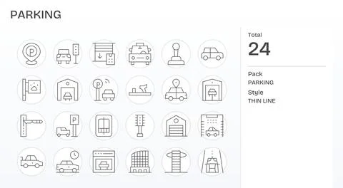 24 Thin Line Editable Vector Icons for Parking Graphics Stock Illustration