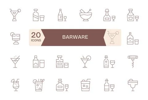 24 Thin Line Editable Vector Icons for Barware Graphics Stock Illustration