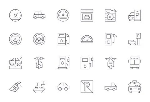 24 Thin Line Grid Fitted Vectors for Motor Vehicle Theme Stock Illustration